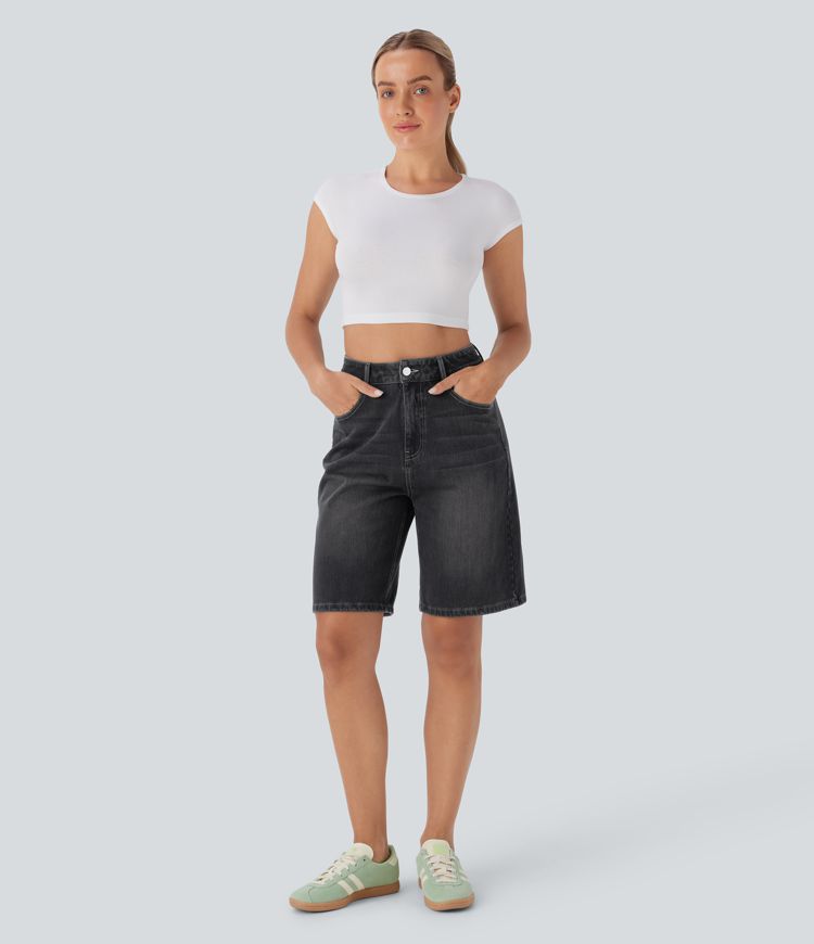 Short Bermuda en jean délavé à taille haute et poches Halara Flex™