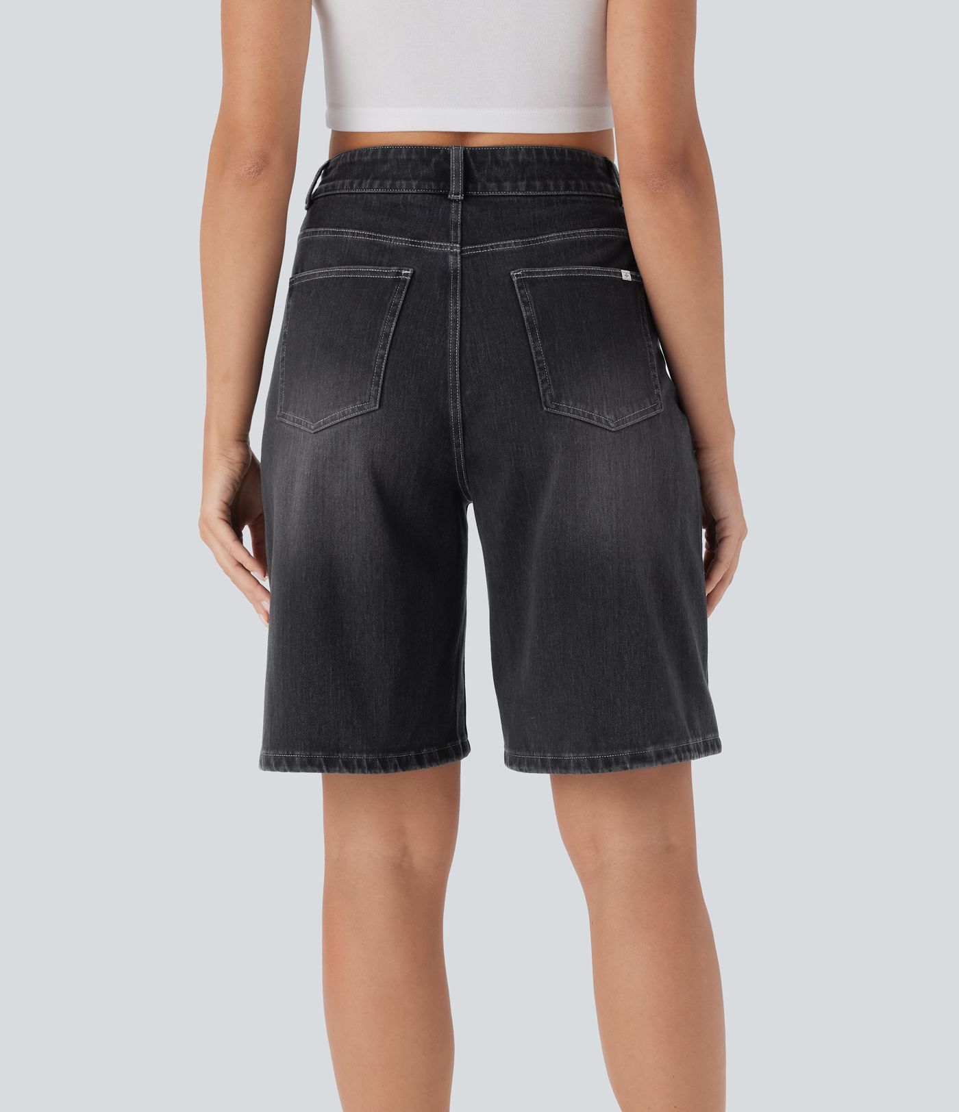 Short Bermuda en jean délavé à taille haute et poches Halara Flex™