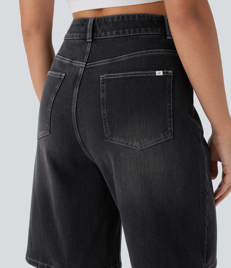 Short Bermuda en jean délavé à taille haute et poches Halara Flex™