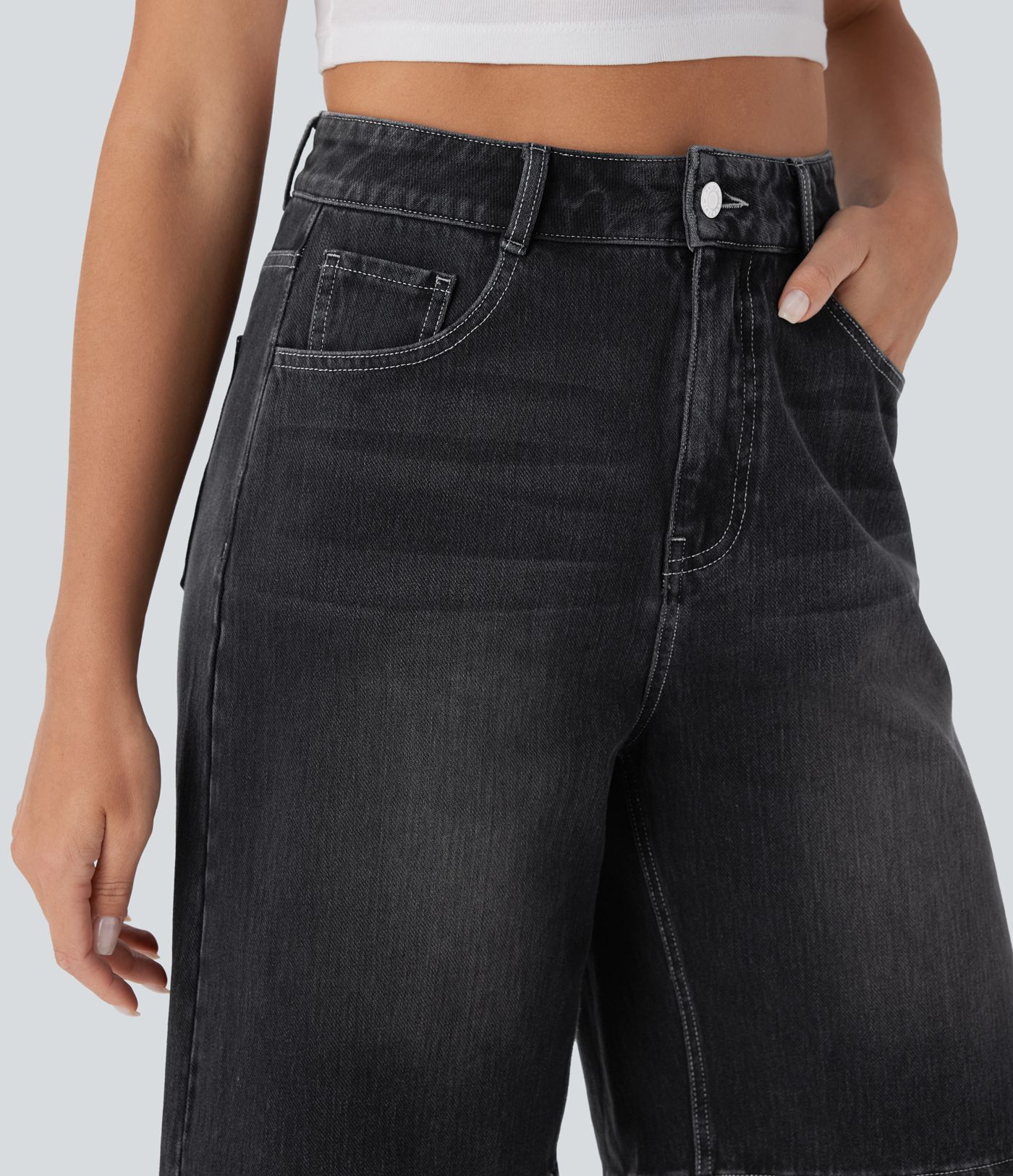 Short Bermuda en jean délavé à taille haute et poches Halara Flex™
