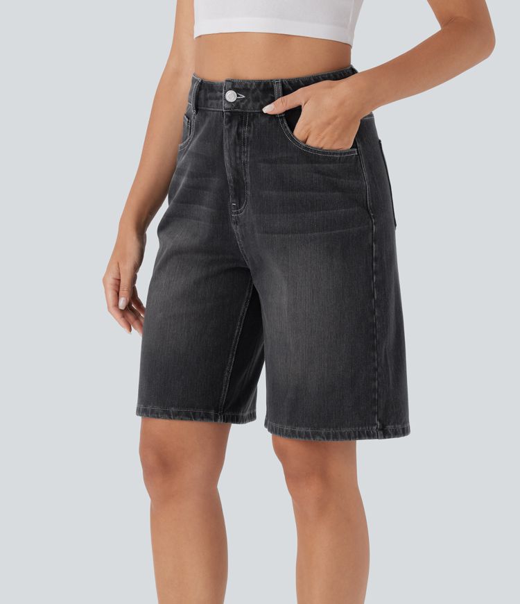Short Bermuda en jean délavé à taille haute et poches Halara Flex™