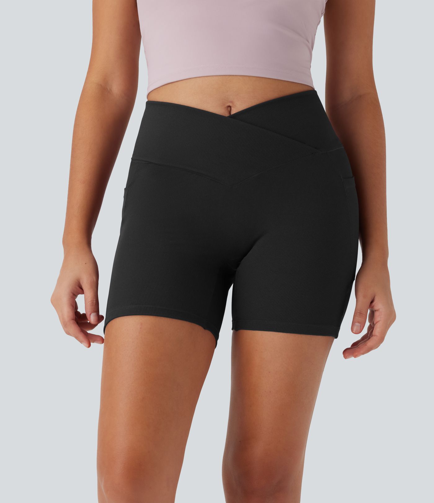 High Waisted Crossover Pocket Waffle Yoga Biker Shorts 5''