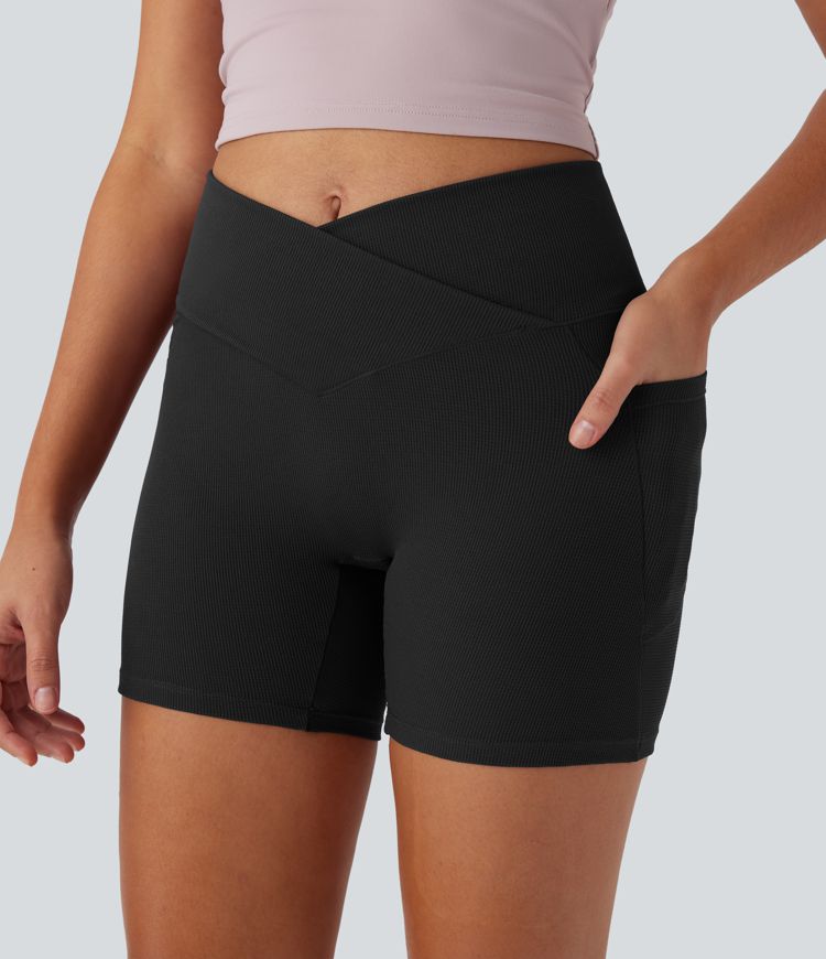 High Waisted Crossover Pocket Waffle Yoga Biker Shorts 5''