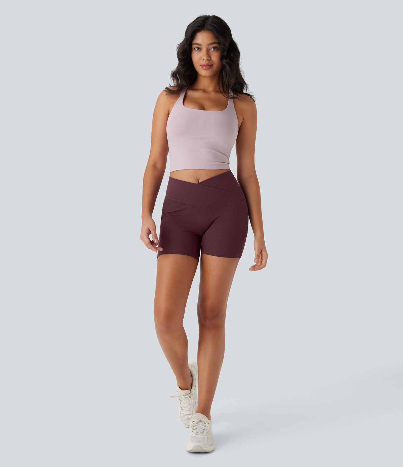 High Waisted Crossover Side Pocket Waffle Yoga Biker Shorts 5''