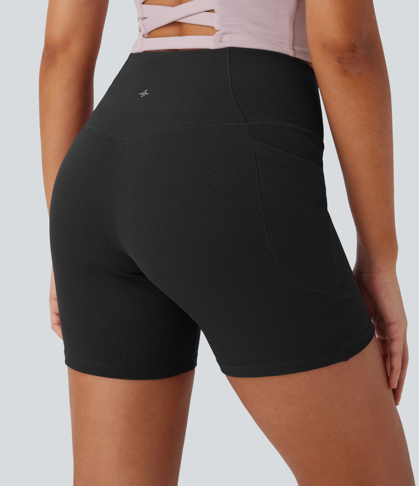 High Waisted Crossover Pocket Waffle Yoga Biker Shorts 5''