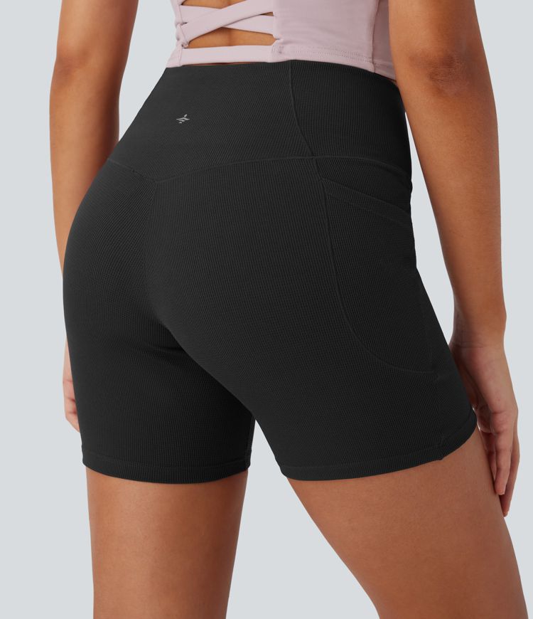 High Waisted Crossover Pocket Waffle Yoga Biker Shorts 5''