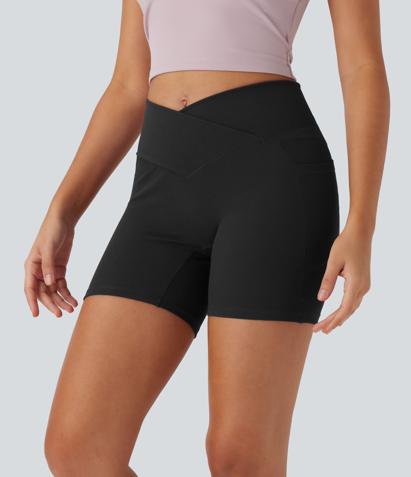 High Waisted Crossover Pocket Waffle Yoga Biker Shorts 5''