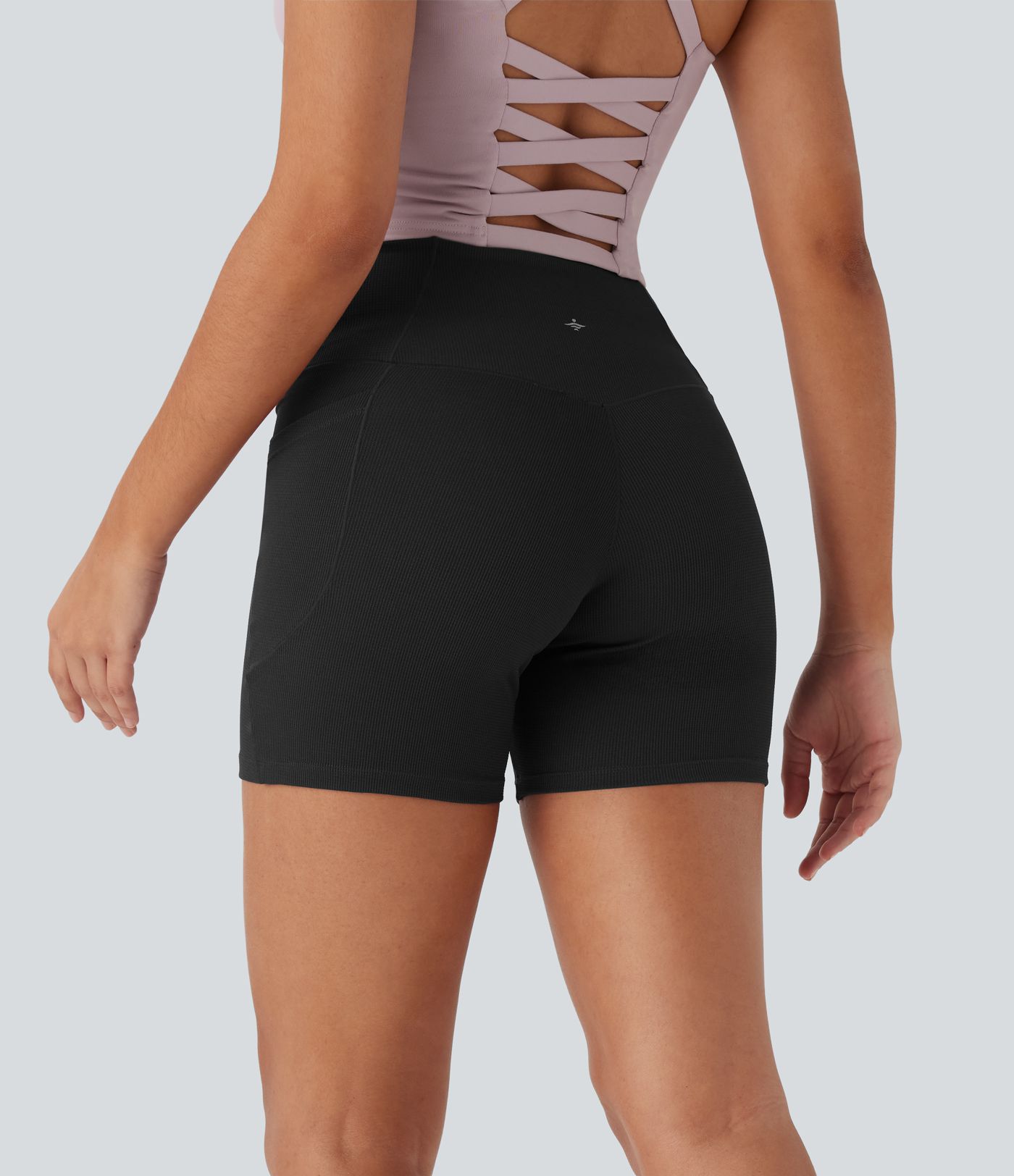 High Waisted Crossover Pocket Waffle Yoga Biker Shorts 5''