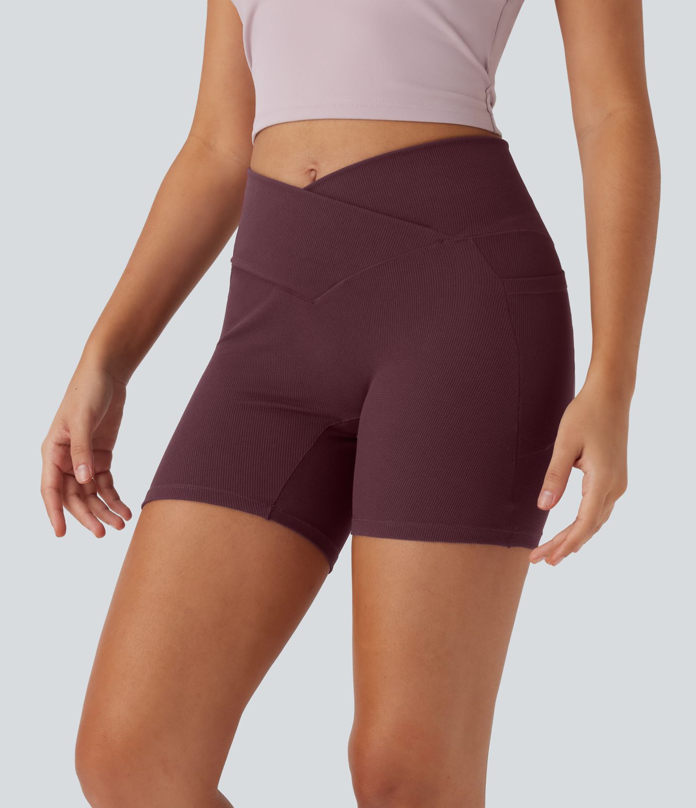 High Waisted Crossover Side Pocket Waffle Yoga Biker Shorts 5''