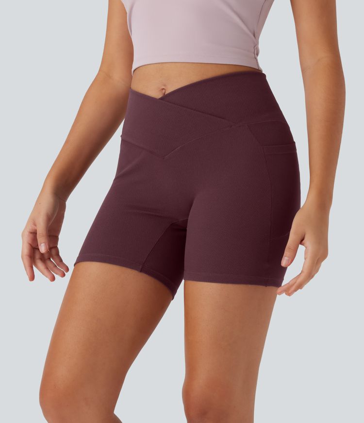 High Waisted Crossover Side Pocket Waffle Yoga Biker Shorts 5''