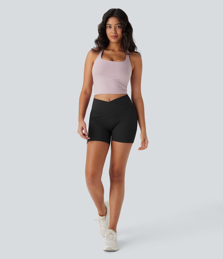 High Waisted Crossover Pocket Waffle Yoga Biker Shorts 5''