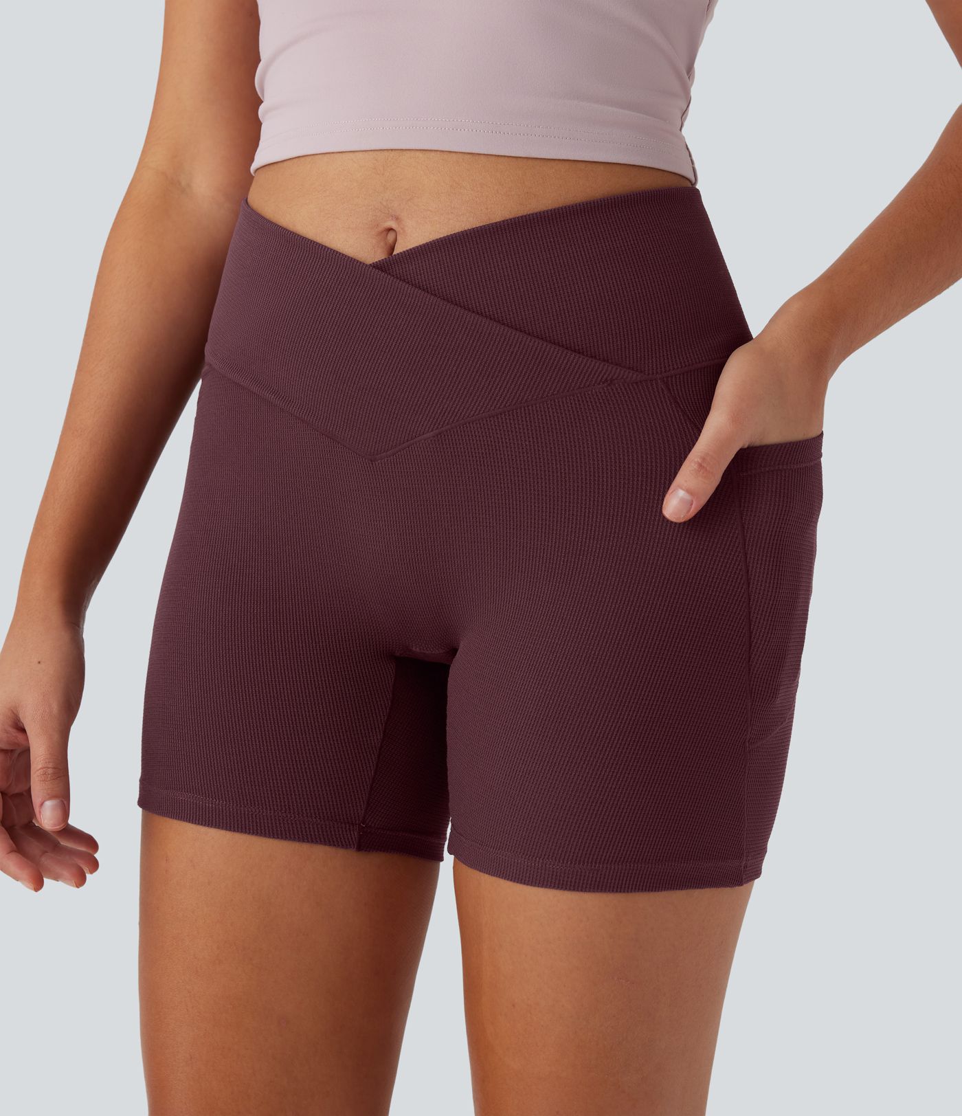 High Waisted Crossover Side Pocket Waffle Yoga Biker Shorts 5''