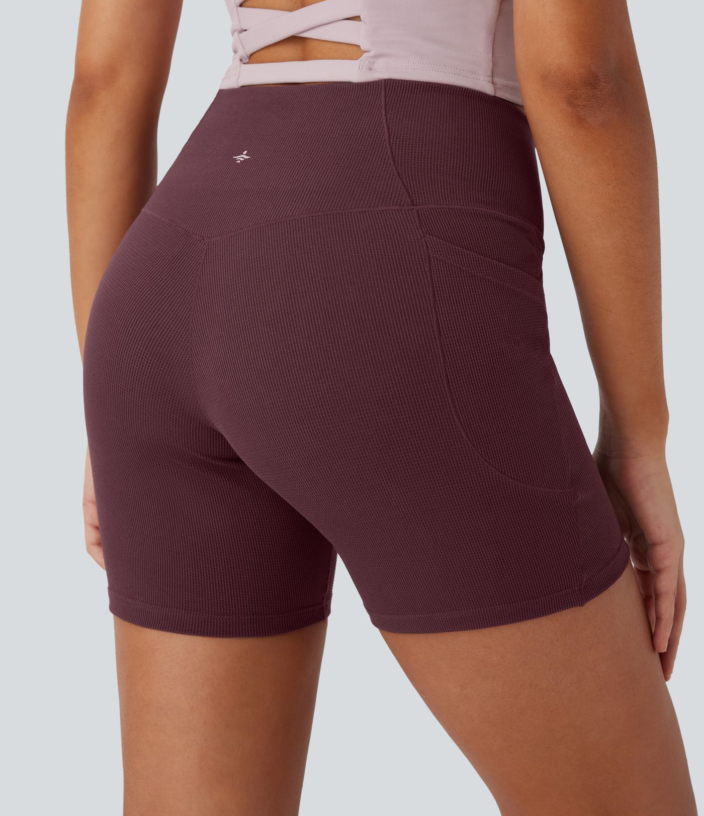 High Waisted Crossover Side Pocket Waffle Yoga Biker Shorts 5''