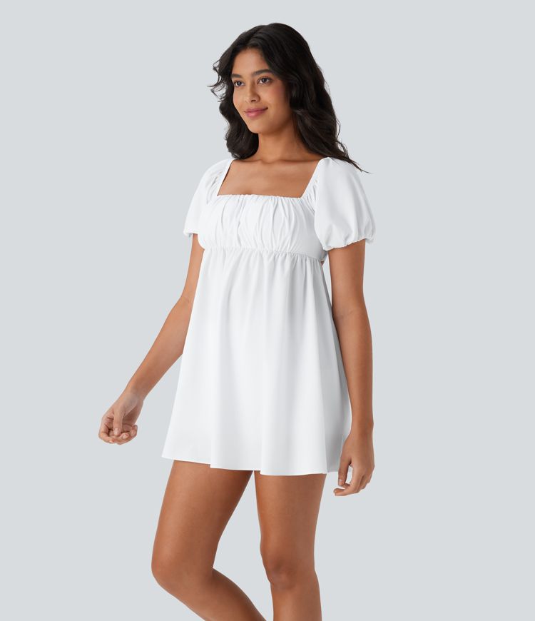 Breezeful™ Quadratischer Ausschnitt, kurze Puffärmel, rückenfrei, überkreuzte Schnürung, zweiteiliges, schnell trocknendes Mini-Babydoll-Kleid mit Seitentasche