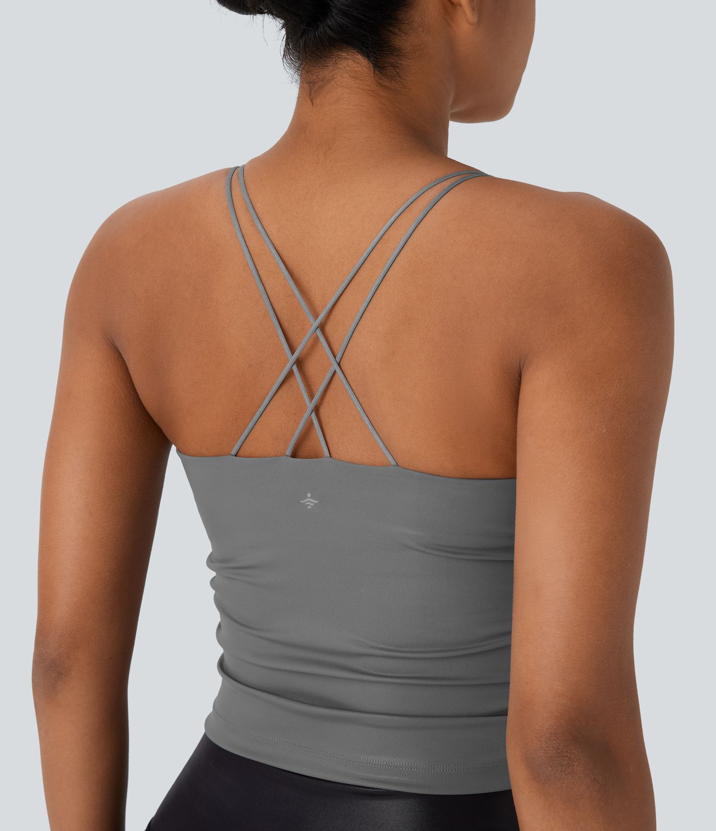 Débardeur de yoga court en similicuir dos nu, bretelles croisées, froncé et à séchage rapide