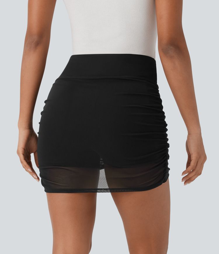 High Waisted Ruched 2-in-1 Side Pocket Contrast Mesh Bodycon Mini Casual Skirt