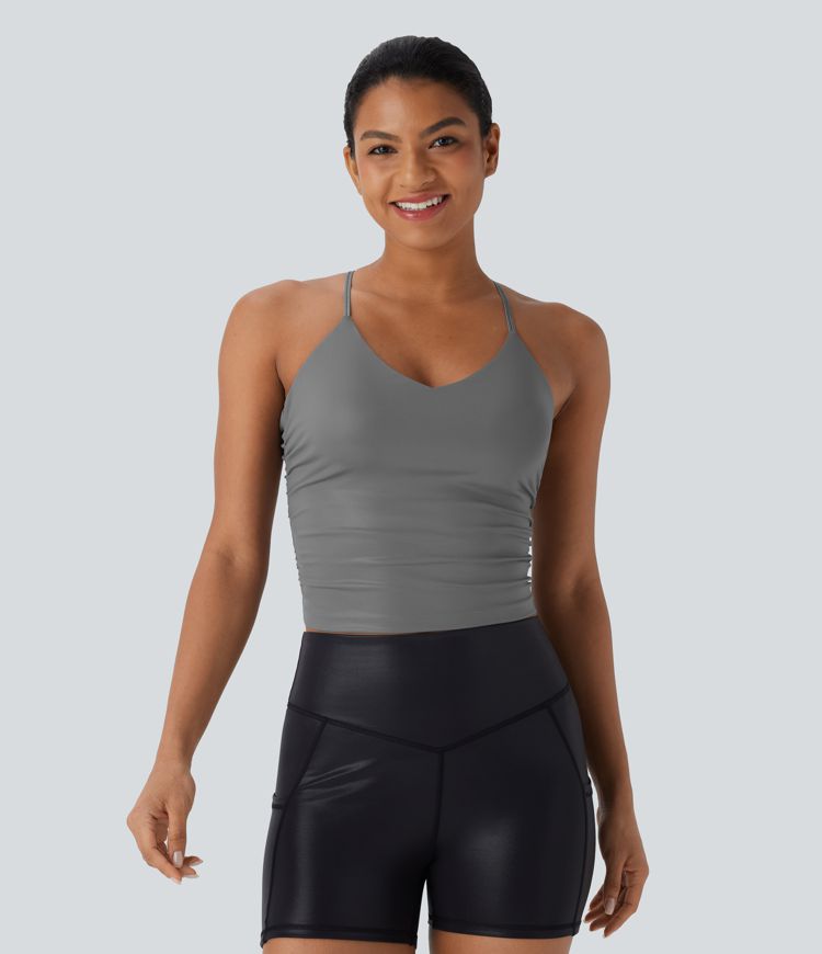 Débardeur de yoga court en similicuir dos nu, bretelles croisées, froncé et à séchage rapide