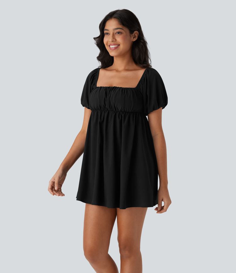 Breezeful™ Square Neck Short Puff Sleeve Backless Crisscross Lace Up 2-Piece Side Pocket Quick Dry Mini Casual Babydoll Dress