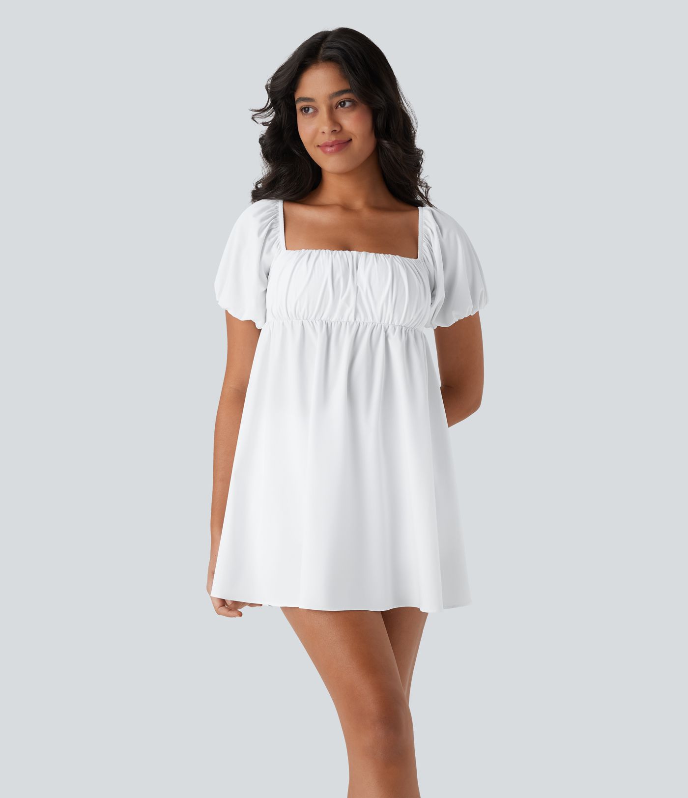 Breezeful™ Quadratischer Ausschnitt, kurze Puffärmel, rückenfrei, überkreuzte Schnürung, zweiteiliges, schnell trocknendes Mini-Babydoll-Kleid mit Seitentasche