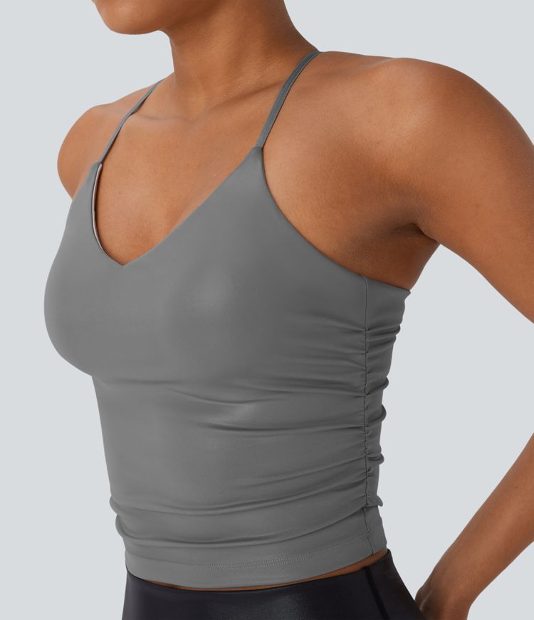 Débardeur de yoga court en similicuir dos nu, bretelles croisées, froncé et à séchage rapide