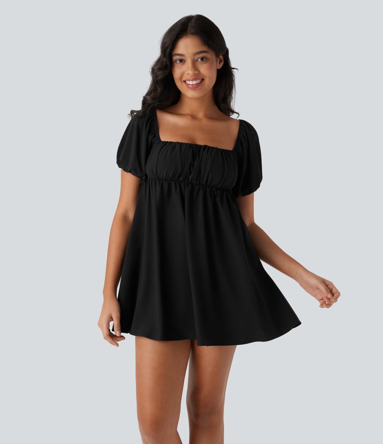 Breezeful™ Square Neck Short Puff Sleeve Backless Crisscross Lace Up 2-Piece Side Pocket Quick Dry Mini Casual Babydoll Dress