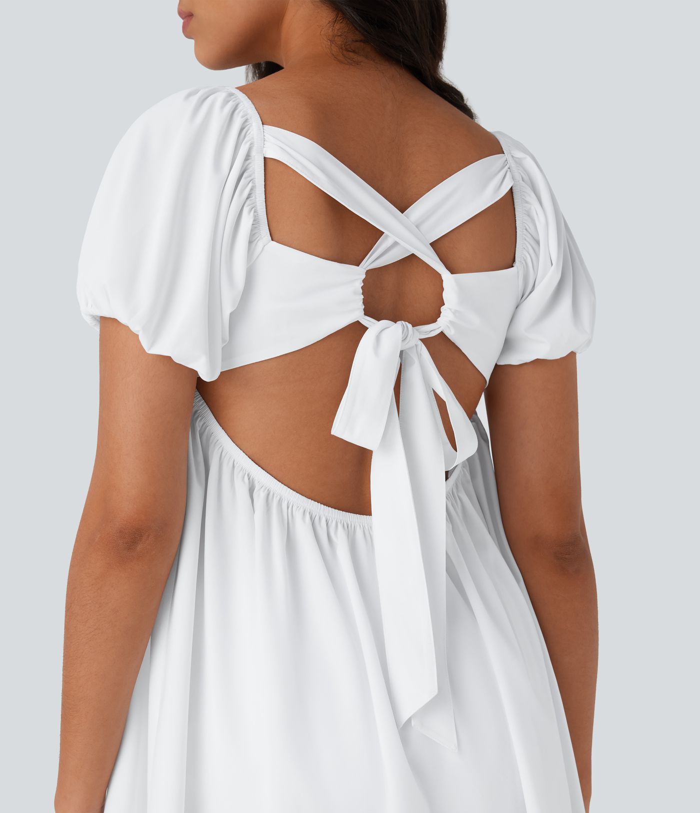 Breezeful™ Quadratischer Ausschnitt, kurze Puffärmel, rückenfrei, überkreuzte Schnürung, zweiteiliges, schnell trocknendes Mini-Babydoll-Kleid mit Seitentasche