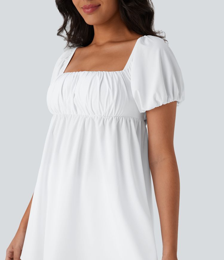 Breezeful™ Quadratischer Ausschnitt, kurze Puffärmel, rückenfrei, überkreuzte Schnürung, zweiteiliges, schnell trocknendes Mini-Babydoll-Kleid mit Seitentasche