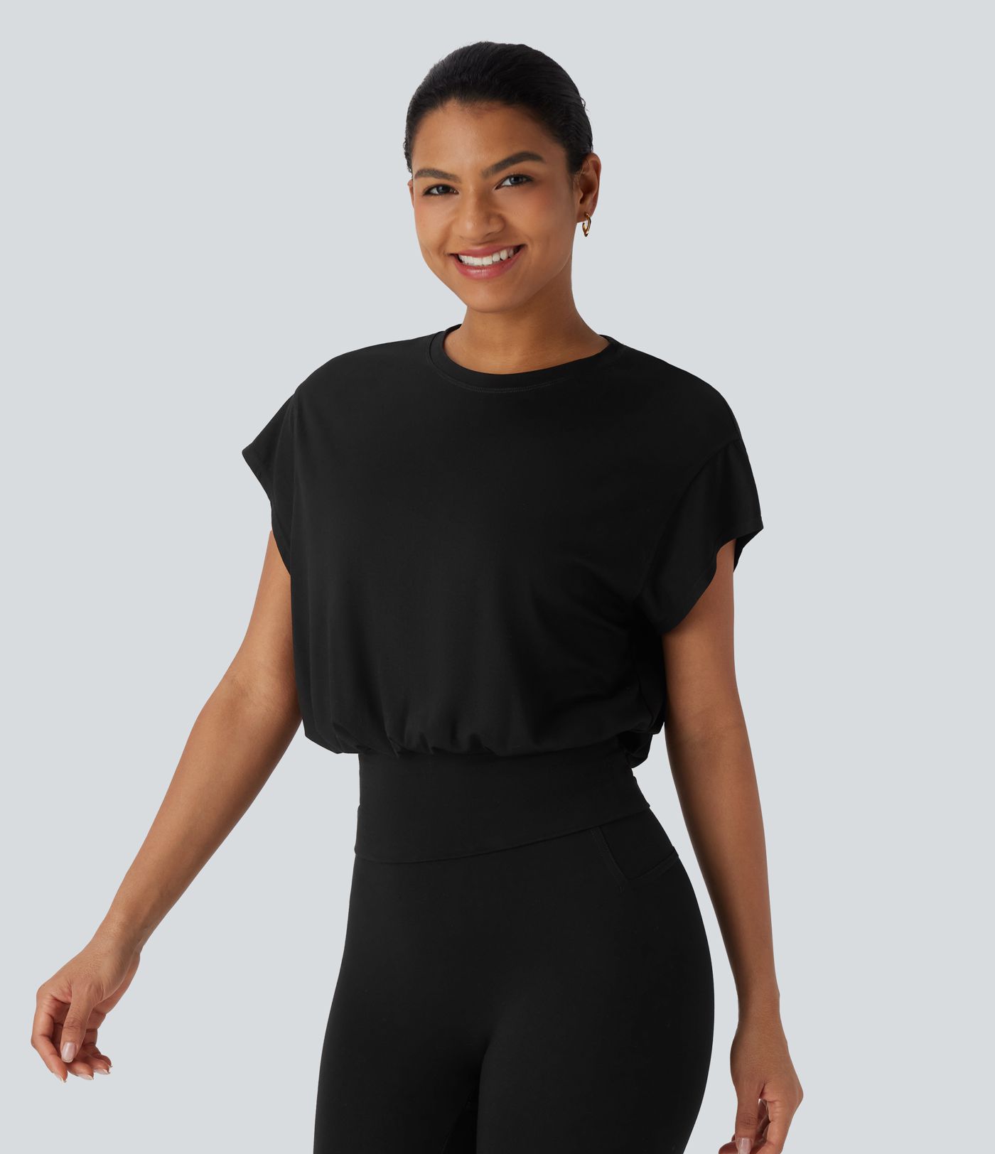 T-shirt de travail à col rond et manches chauve-souris courtes