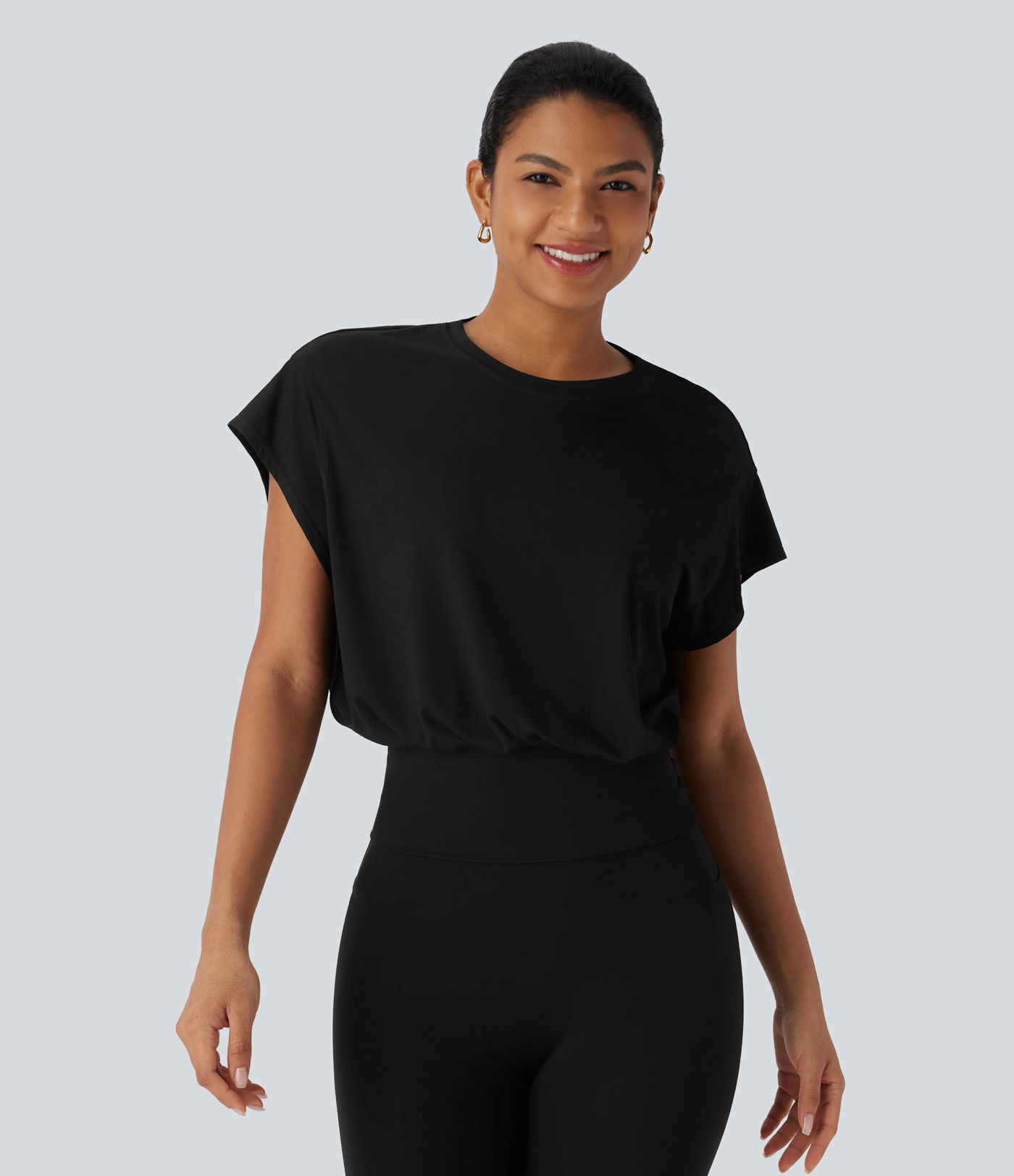 T-shirt de travail à col rond et manches chauve-souris courtes