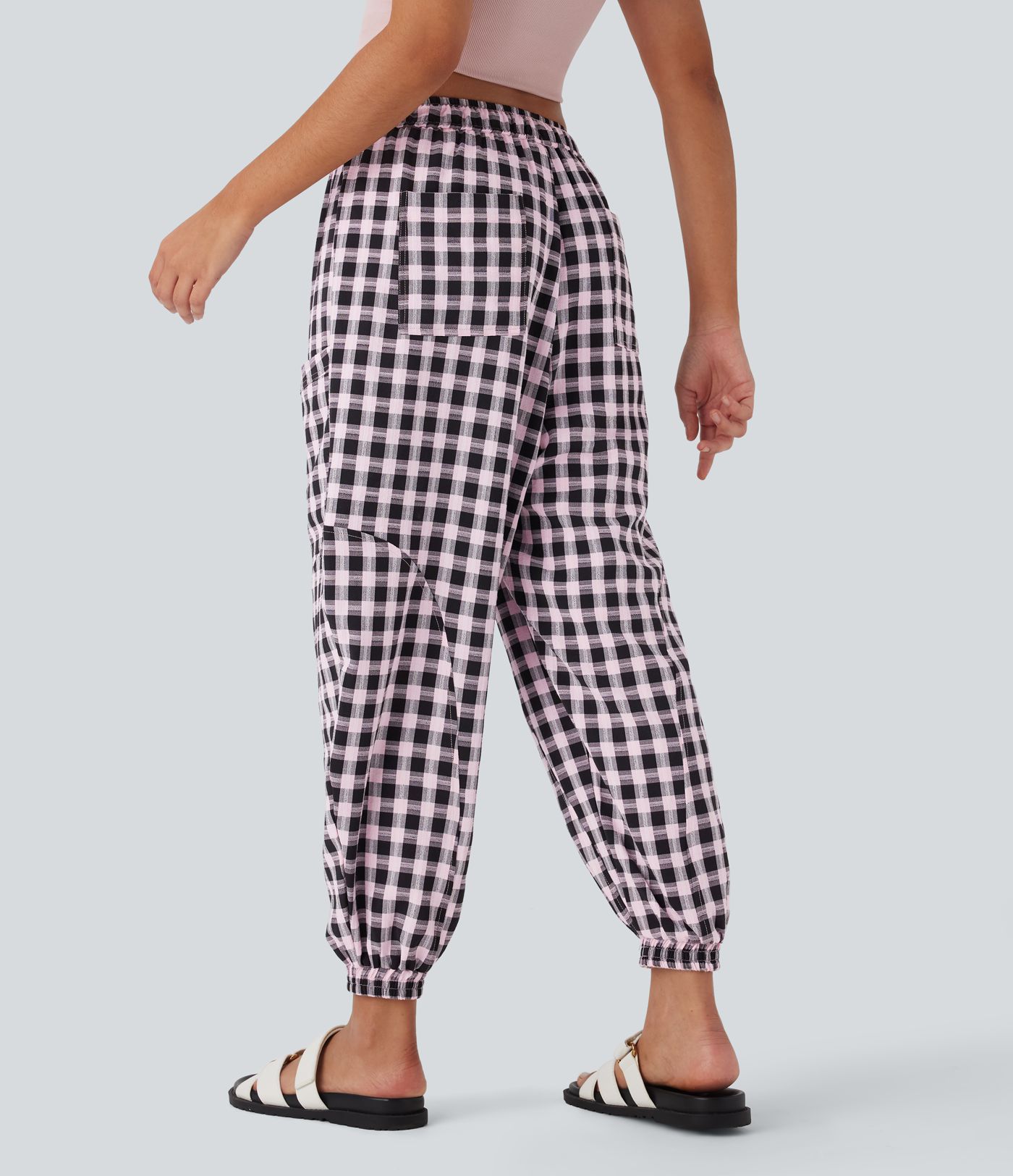Mid Rise Drawstring Multiple Pockets Plaid Casual Barrel Leg Joggers