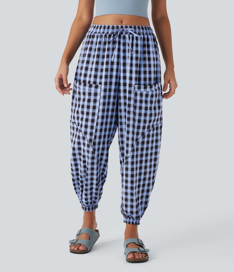 Mid Rise Drawstring Multiple Pockets Plaid Casual Barrel Leg Joggers