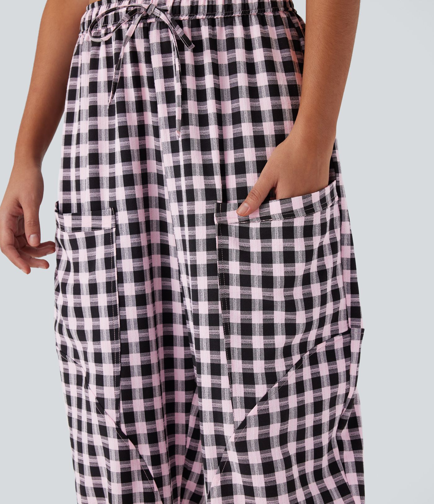 Mid Rise Drawstring Multiple Pockets Plaid Casual Barrel Leg Joggers