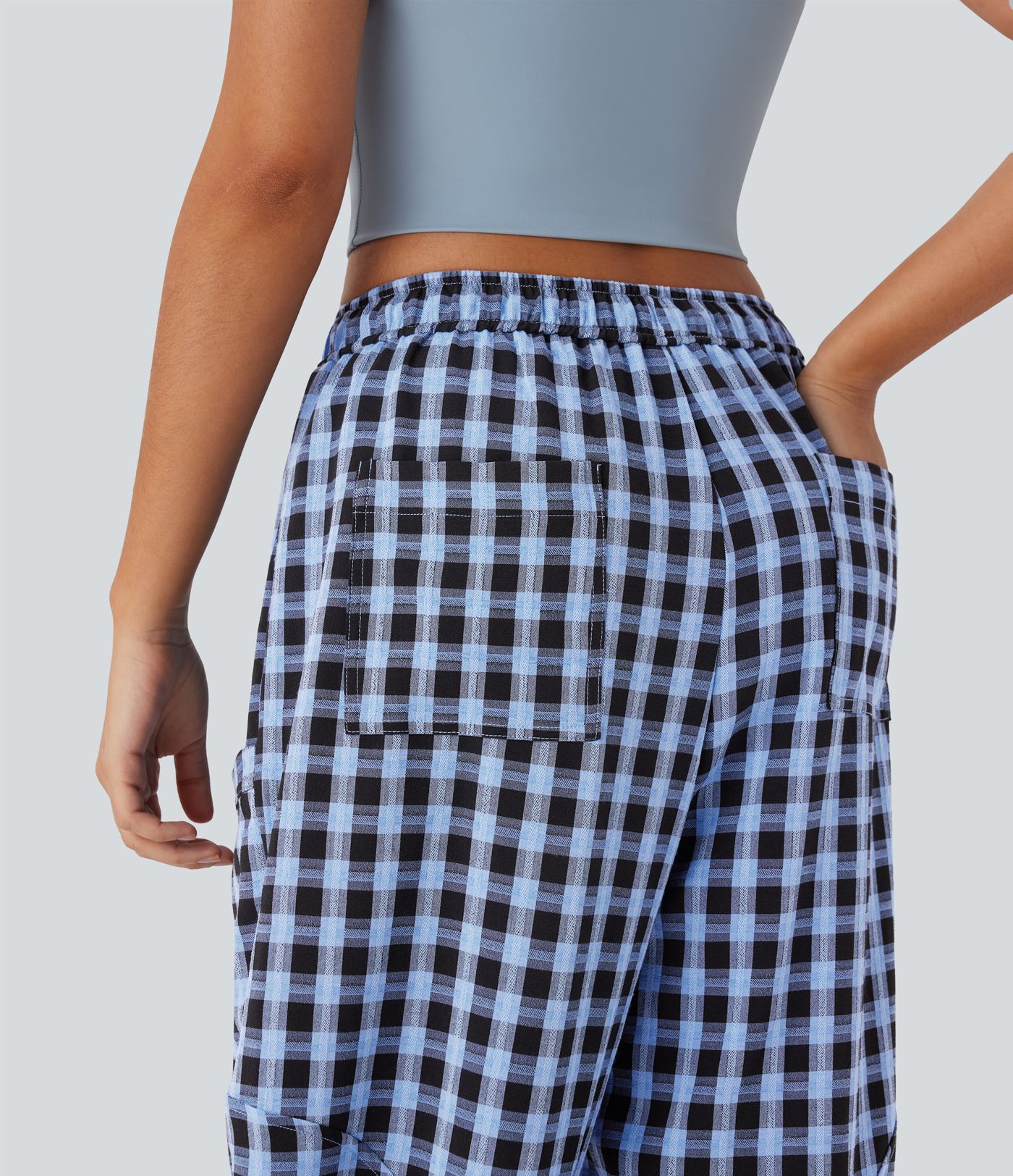 Mid Rise Drawstring Multiple Pockets Plaid Casual Barrel Leg Joggers