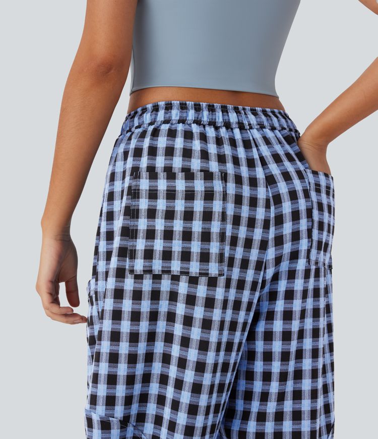 Mid Rise Drawstring Multiple Pockets Plaid Casual Barrel Leg Joggers