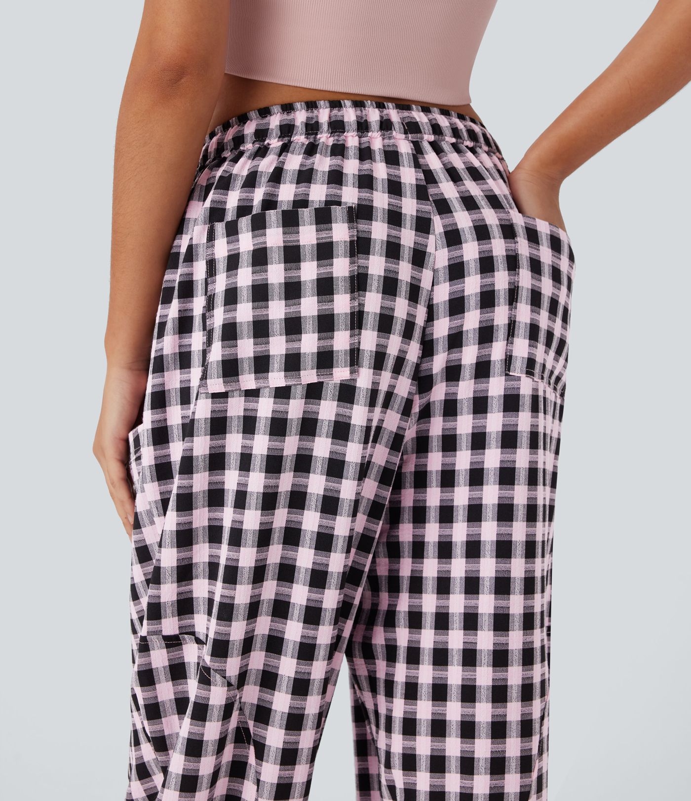 Mid Rise Drawstring Multiple Pockets Plaid Casual Barrel Leg Joggers