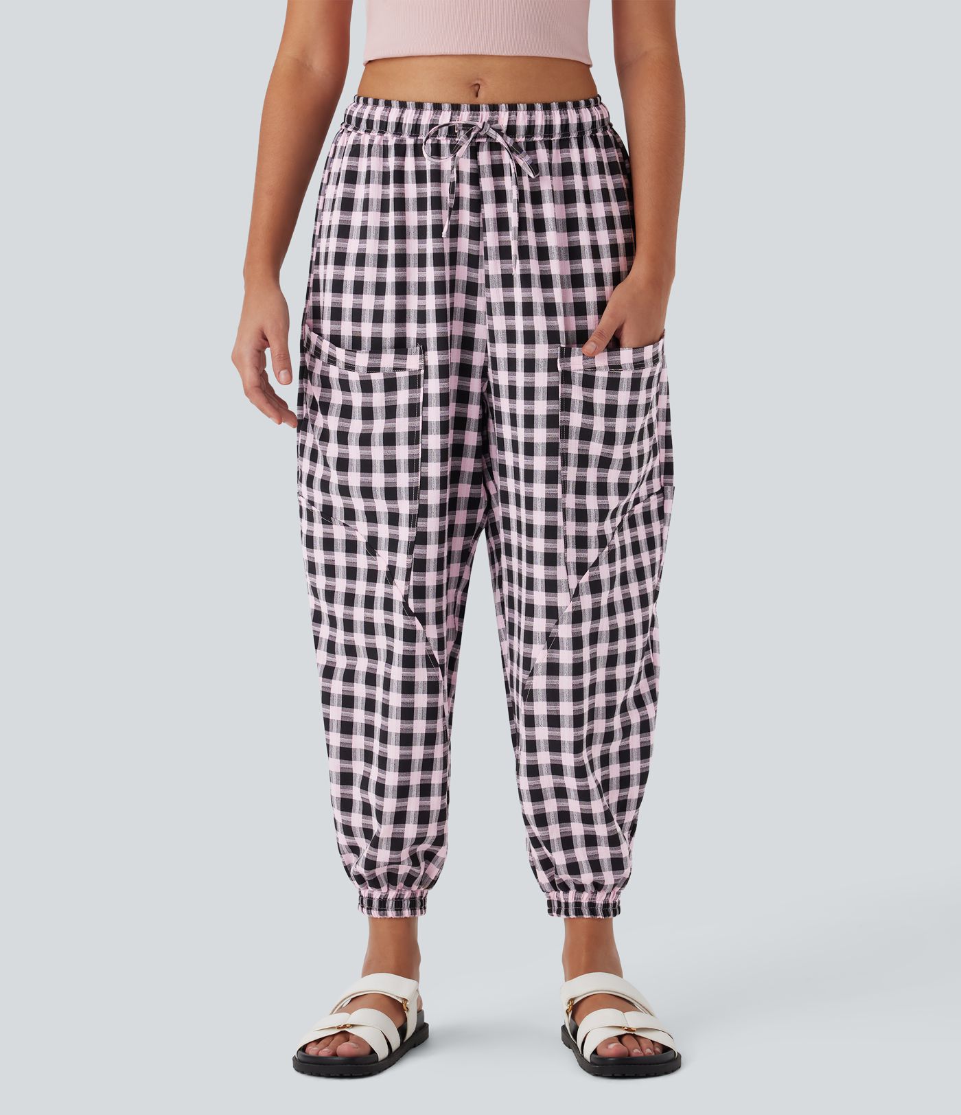 Mid Rise Drawstring Multiple Pockets Plaid Casual Barrel Leg Joggers