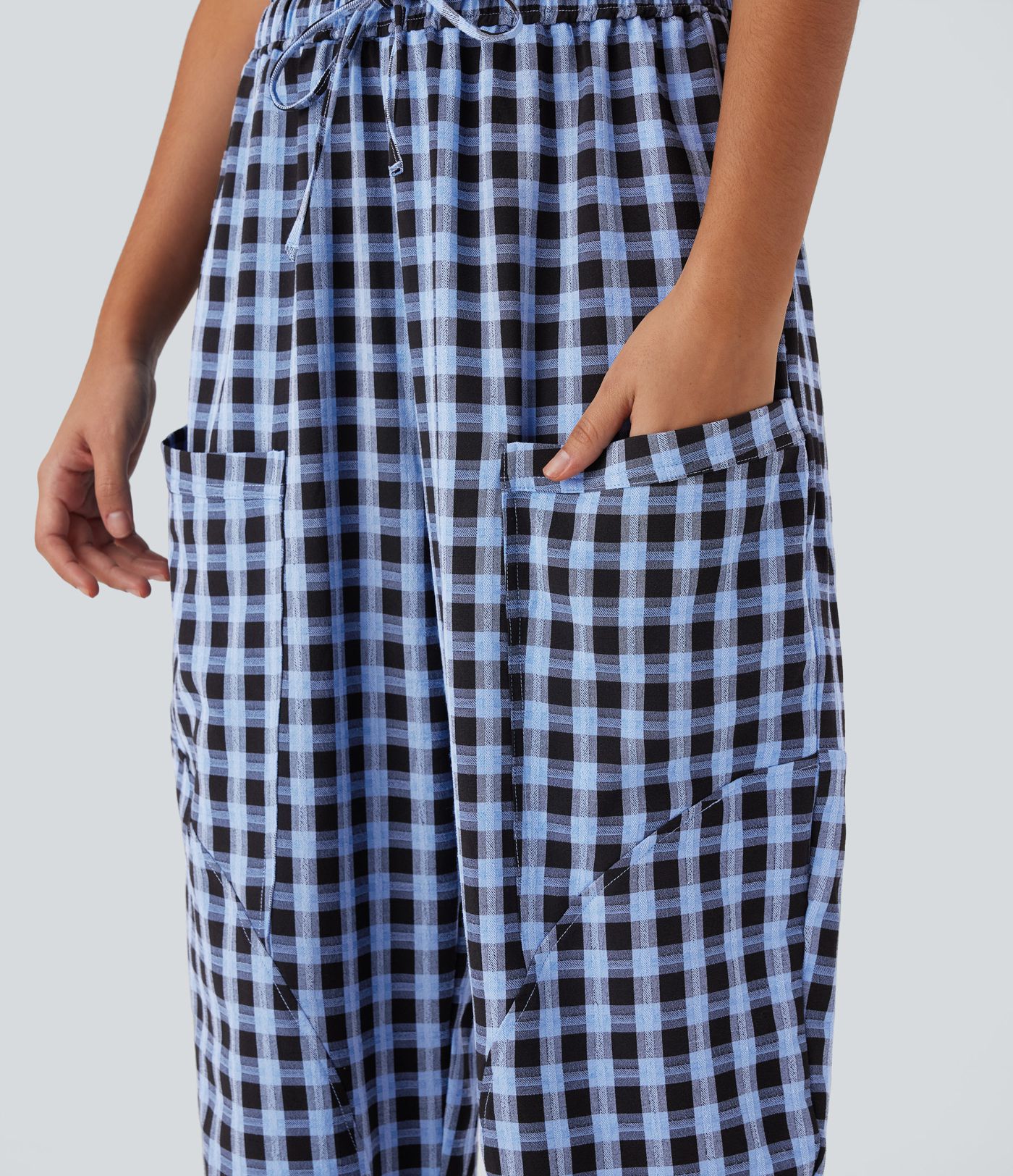 Mid Rise Drawstring Multiple Pockets Plaid Casual Barrel Leg Joggers