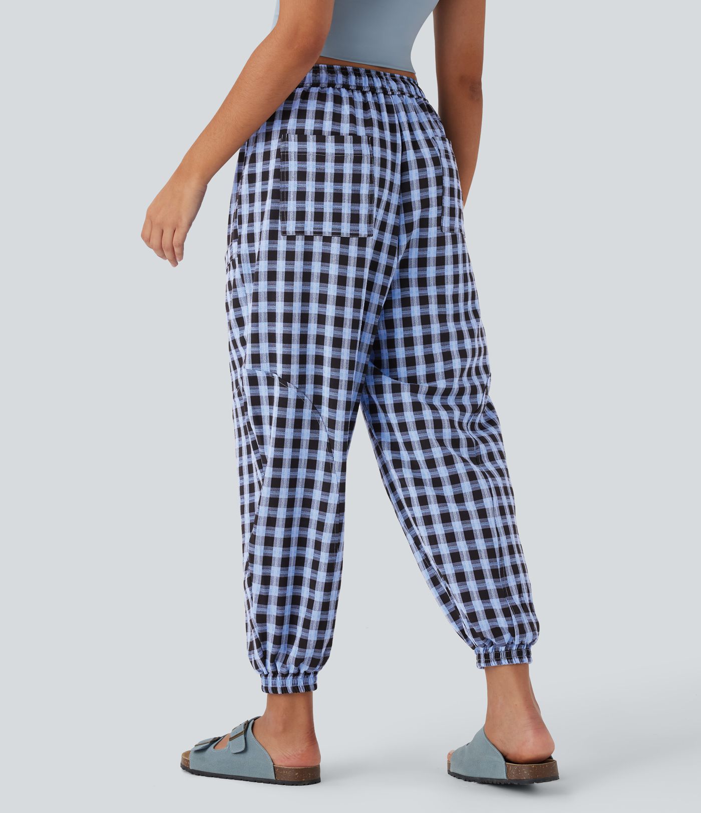 Mid Rise Drawstring Multiple Pockets Plaid Casual Barrel Leg Joggers