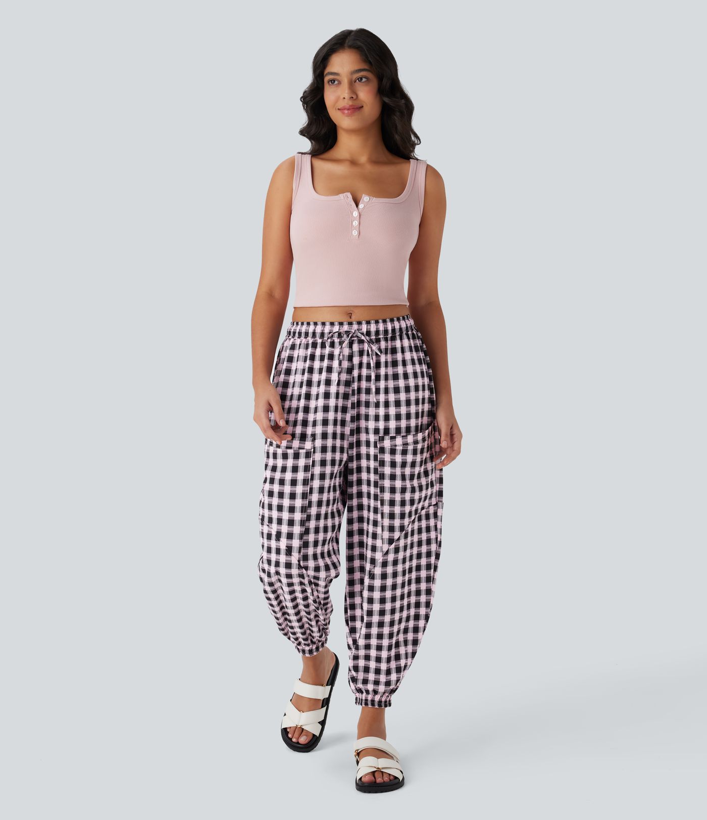 Mid Rise Drawstring Multiple Pockets Plaid Casual Barrel Leg Joggers