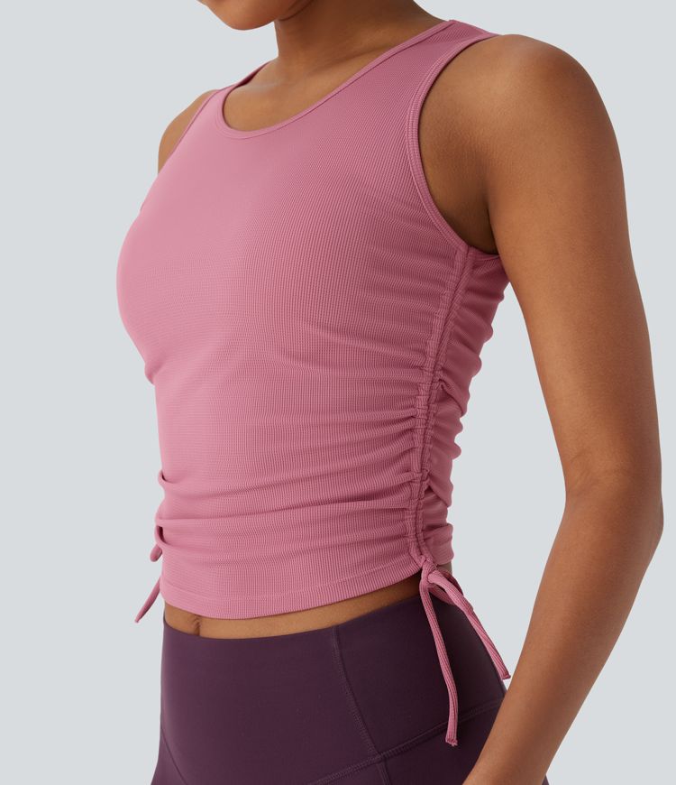 Drawstring Ruched Waffle Yoga Tank Top
