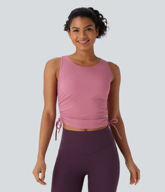 Drawstring Ruched Waffle Yoga Tank Top