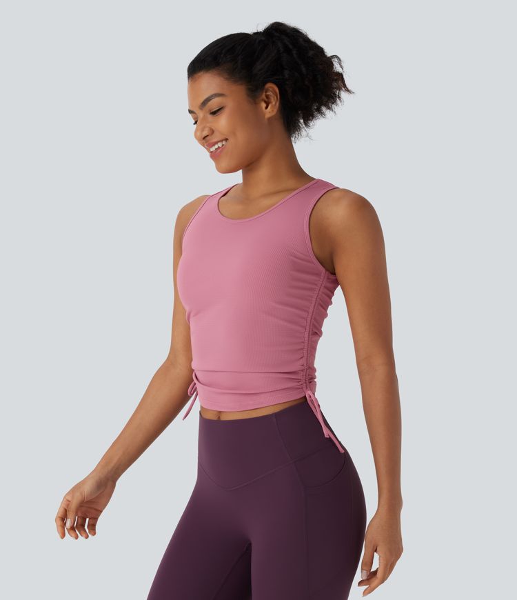 Drawstring Ruched Waffle Yoga Tank Top