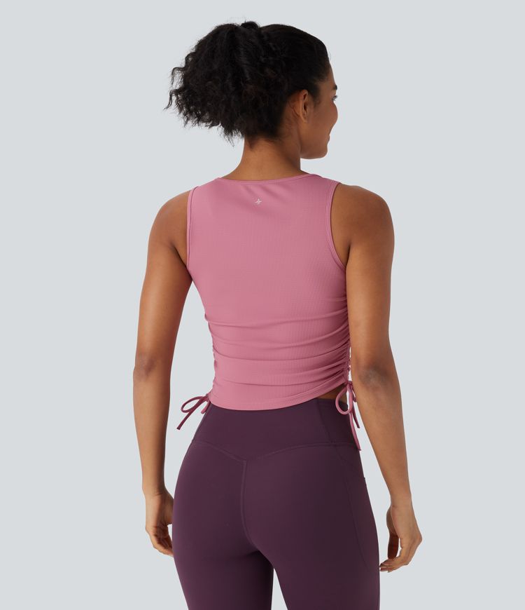 Drawstring Ruched Waffle Yoga Tank Top