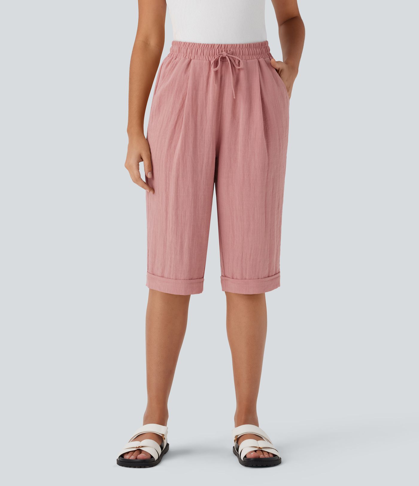 Pantalon Casual en Lin avec Taille Haute, Cordon de Serrage et Poches, Coupe Corsaire