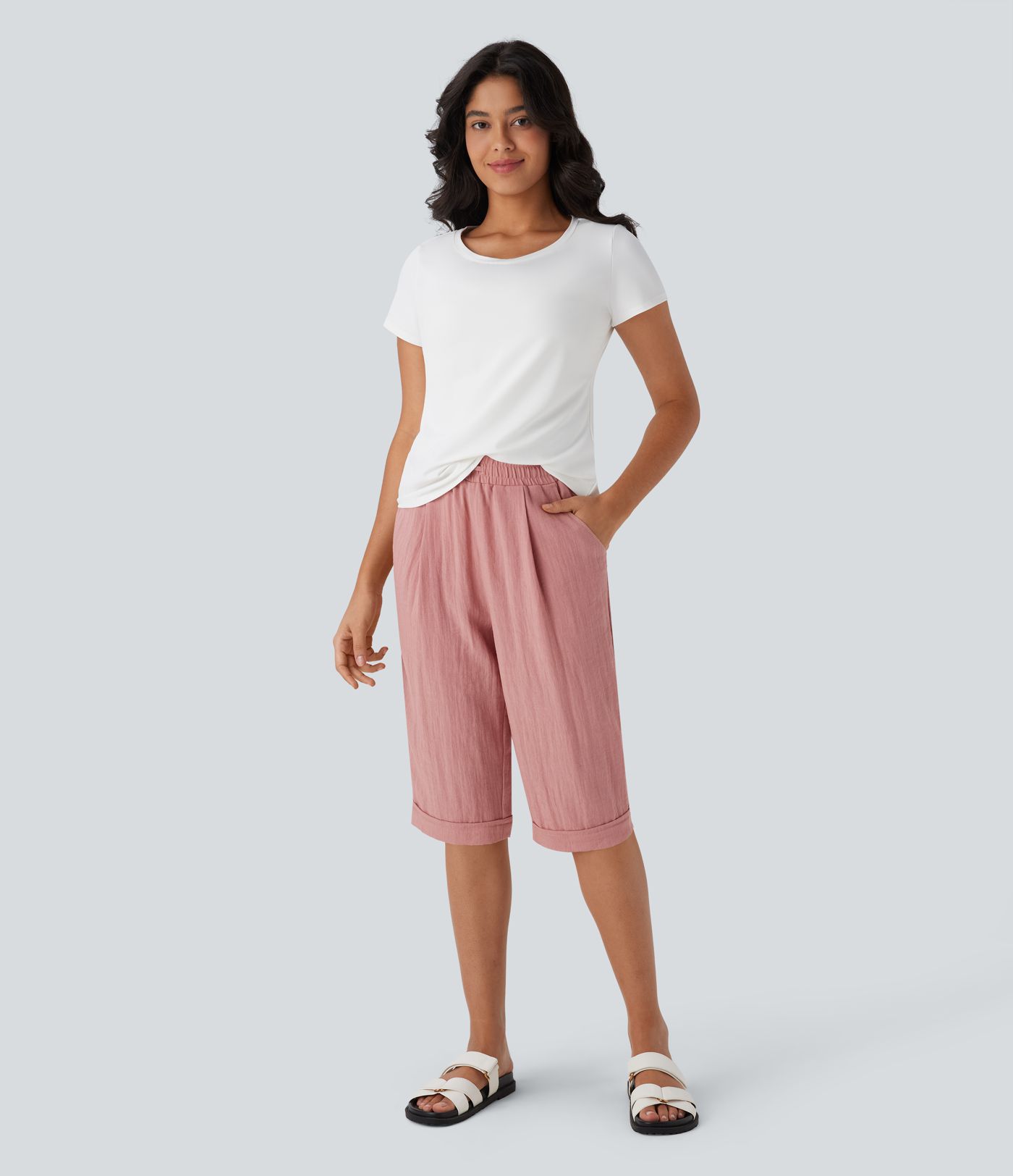 Pantalon Casual en Lin avec Taille Haute, Cordon de Serrage et Poches, Coupe Corsaire