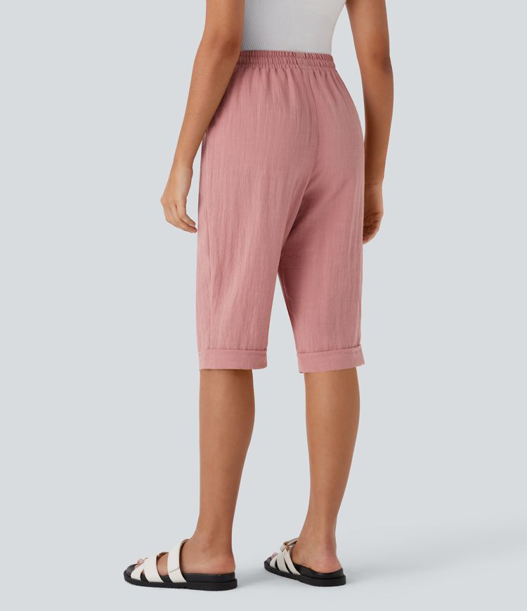High Waisted Drawstring Pocket Pedal Pusher Casual Linen-Feel Pants