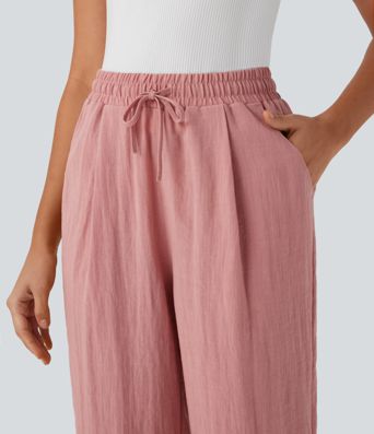 Pantalon Casual en Lin avec Taille Haute, Cordon de Serrage et Poches, Coupe Corsaire