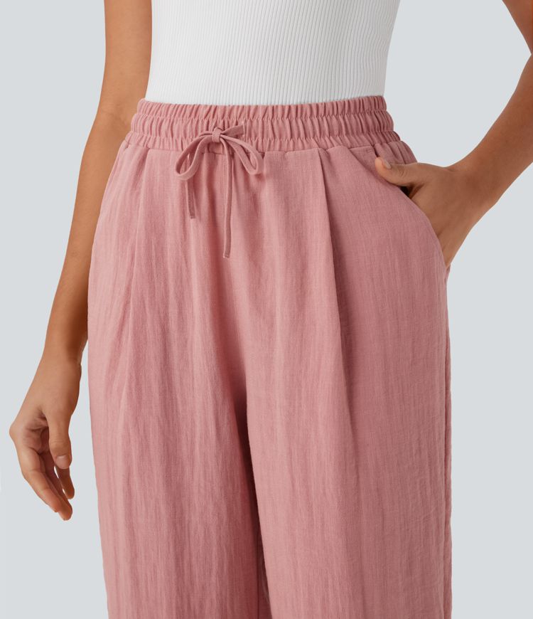 High Waisted Drawstring Pocket Pedal Pusher Casual Linen-Feel Pants