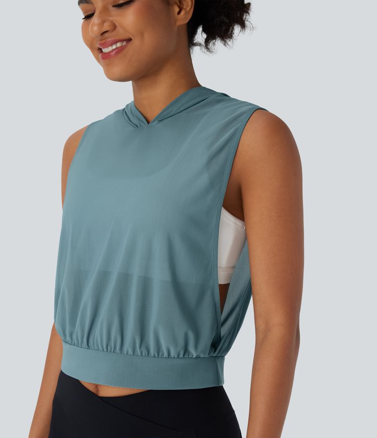 Hooded Sleeveless Mesh Cropped Running Tank Top