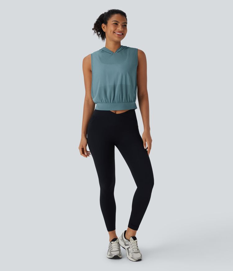 Hooded Sleeveless Mesh Cropped Running Tank Top